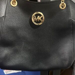 Michael Kors Black Tote with Gold MK Logo and Chain Handles